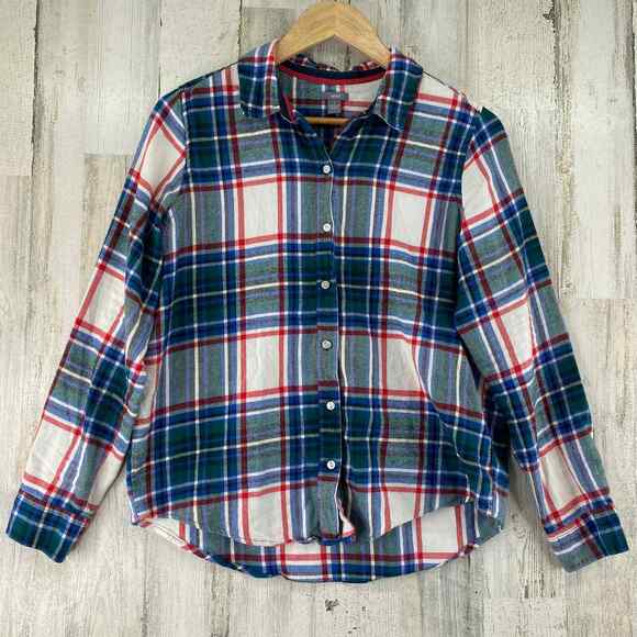 Aerie Button Front Shirt Womens Small White Blue Red Plaid Flannel Soft - Picture 2 of 7